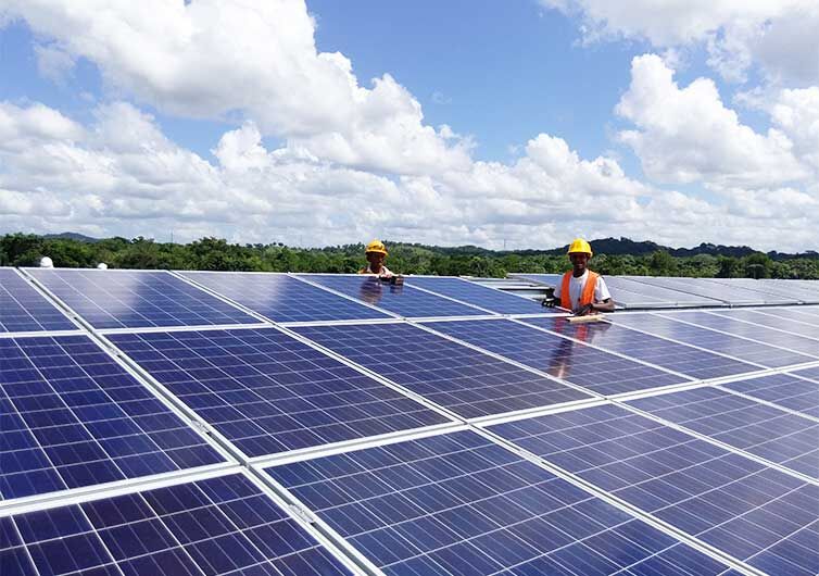 Centrais de energia solar Dois homens estão no meio de painéis solares numa área aberta